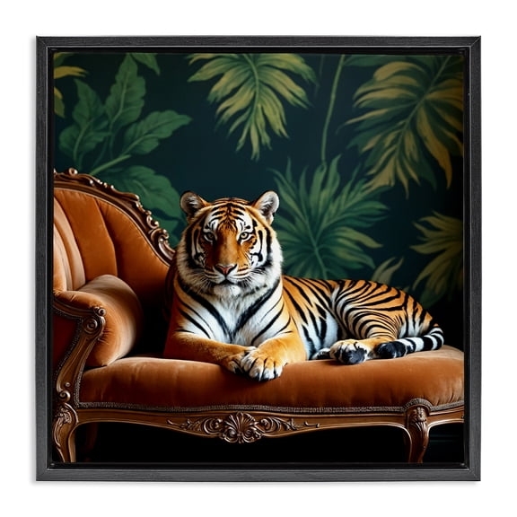 Tiger Lounging on Chaise Black Framed Floater Canvas Wall Art, design by Lettered and Lined