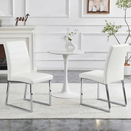Leather Dining Chairs Set of 2, Modern Upholstered Side Chairs, Metal Leg, Dining Room Chairs for Kitchens, White Silver