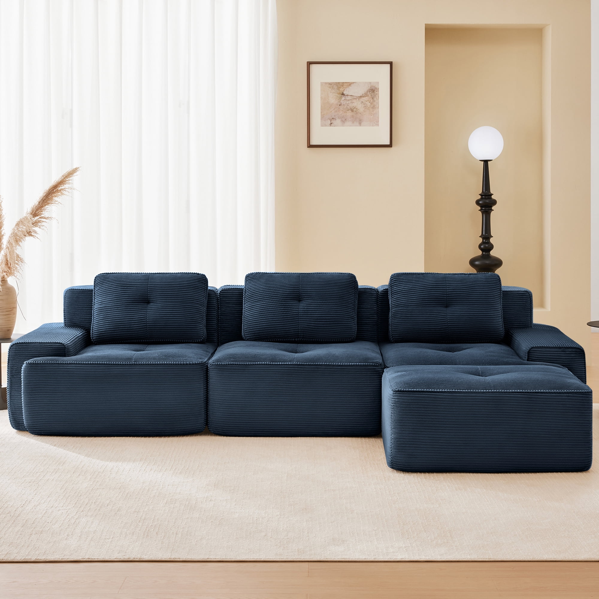 Aukfa 4-Piece 117" Modular Cloud Couch Sectional Sofa with Ottoman, L-Shaped Deep Seat Boneless Sofa Set for Living Room, Blue