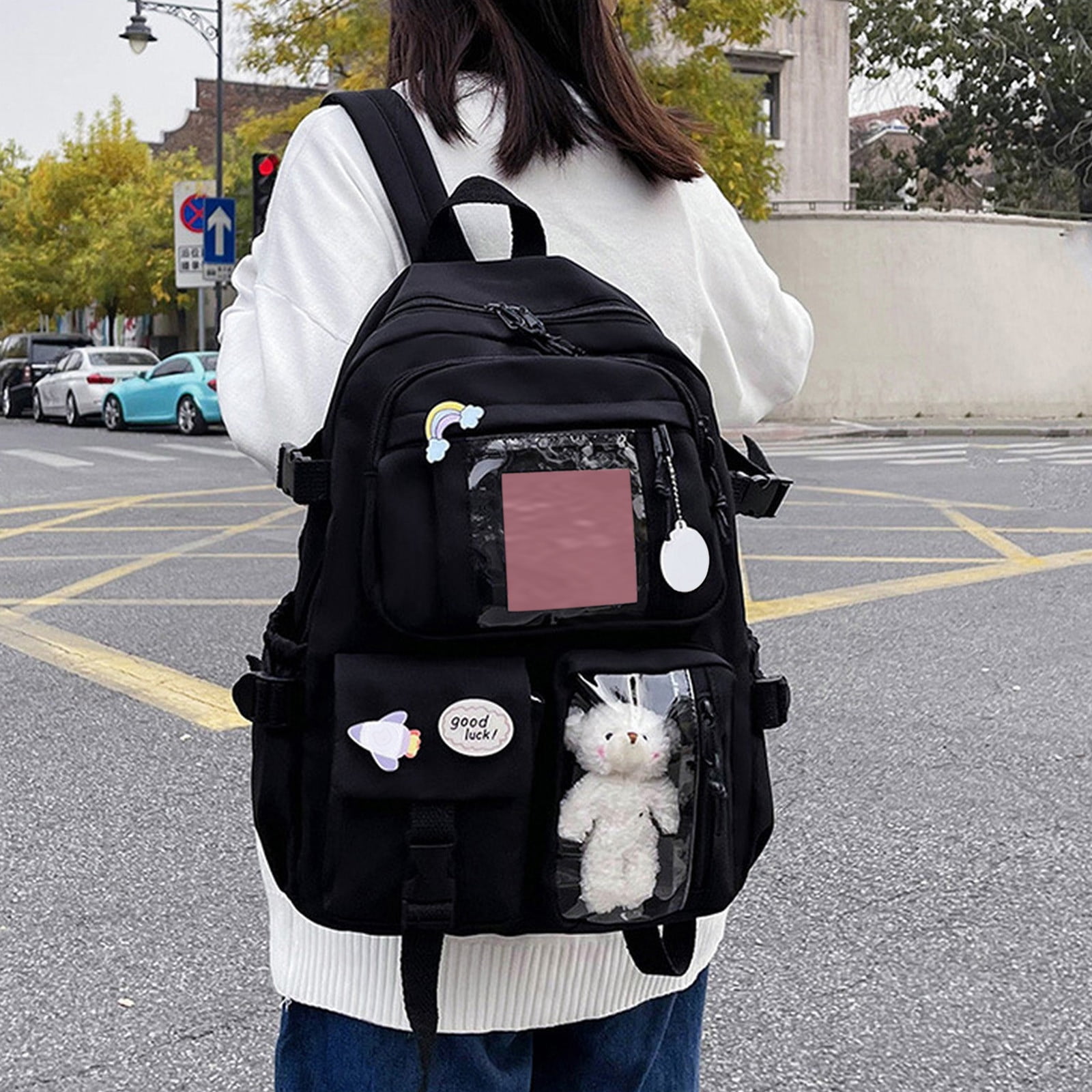 pdqouc Solid Color Backpack School Bag with Cute Hanging Ornament Durable Bags Gift for Teen Women Men