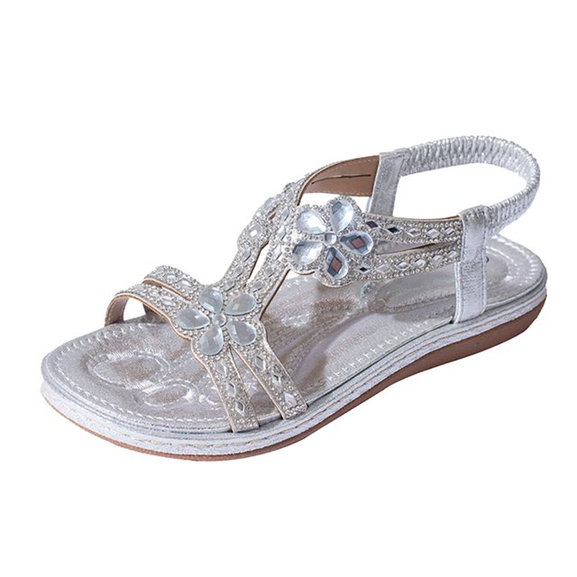IUJSOY Falt Sandals for Women Summer Beach T-Strap Rhinestone Beaded Sandal Bohemia Wedge Shoes