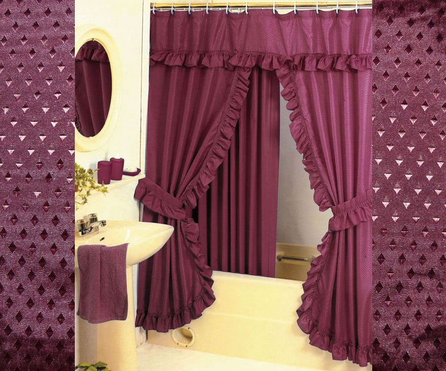 Diamond Pattern Fabric Double Swag Shower Curtain Set Tieback Hooks Burdy Red Fabric Double Swag Shower Curtain Set, Shower Curtain Tie Back Hooks