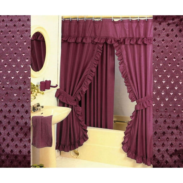 Diamond Pattern Fabric Double Swag Shower Curtain Set Tieback Hooks