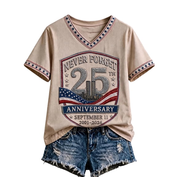 JULMCOMO Women's 9,11 Remember 25th Anniversary T Shirts We Will Never Forget V Neck USA Patriotic Tops Red White Blue Vintage Graphic Tees Complexion 3XL