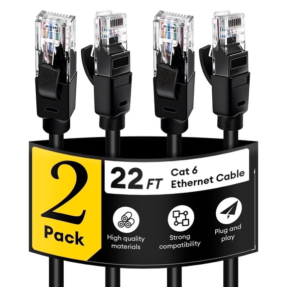 Dutevolns Cat 6 Ethernet Cable 2Pack 22FT, Indoor&Outdoor, High Speed 1Gbps Network Cable, Cat6 Patch Cord, Computer LAN Cable with Free Clips & Straps for Router, Modem, PS4