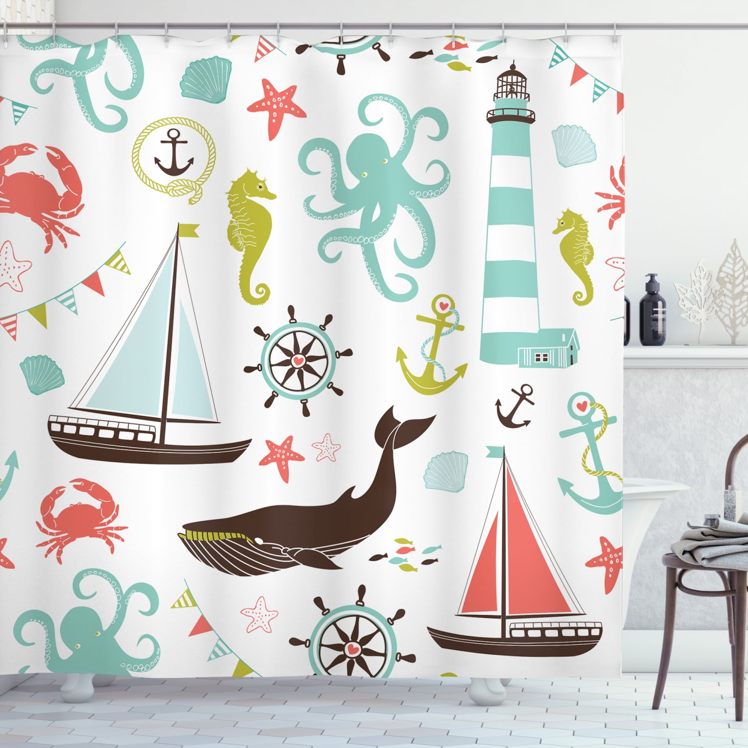 Nautical Whales and Anchor Shower Curtain Bathroom Fabric & 12hooks 71*71inches 