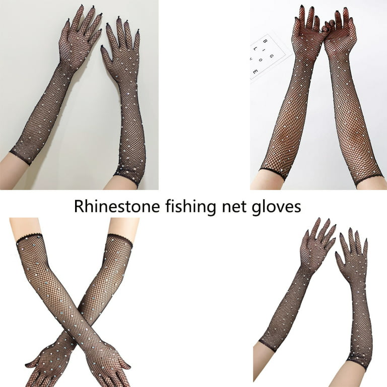 Bumiews Women Rhinestone Fishnet Long Gloves Mesh Sparkly Glitter Fashion Opera Gloves for Party Halloween Costumes Accessories, Women's, Size: One