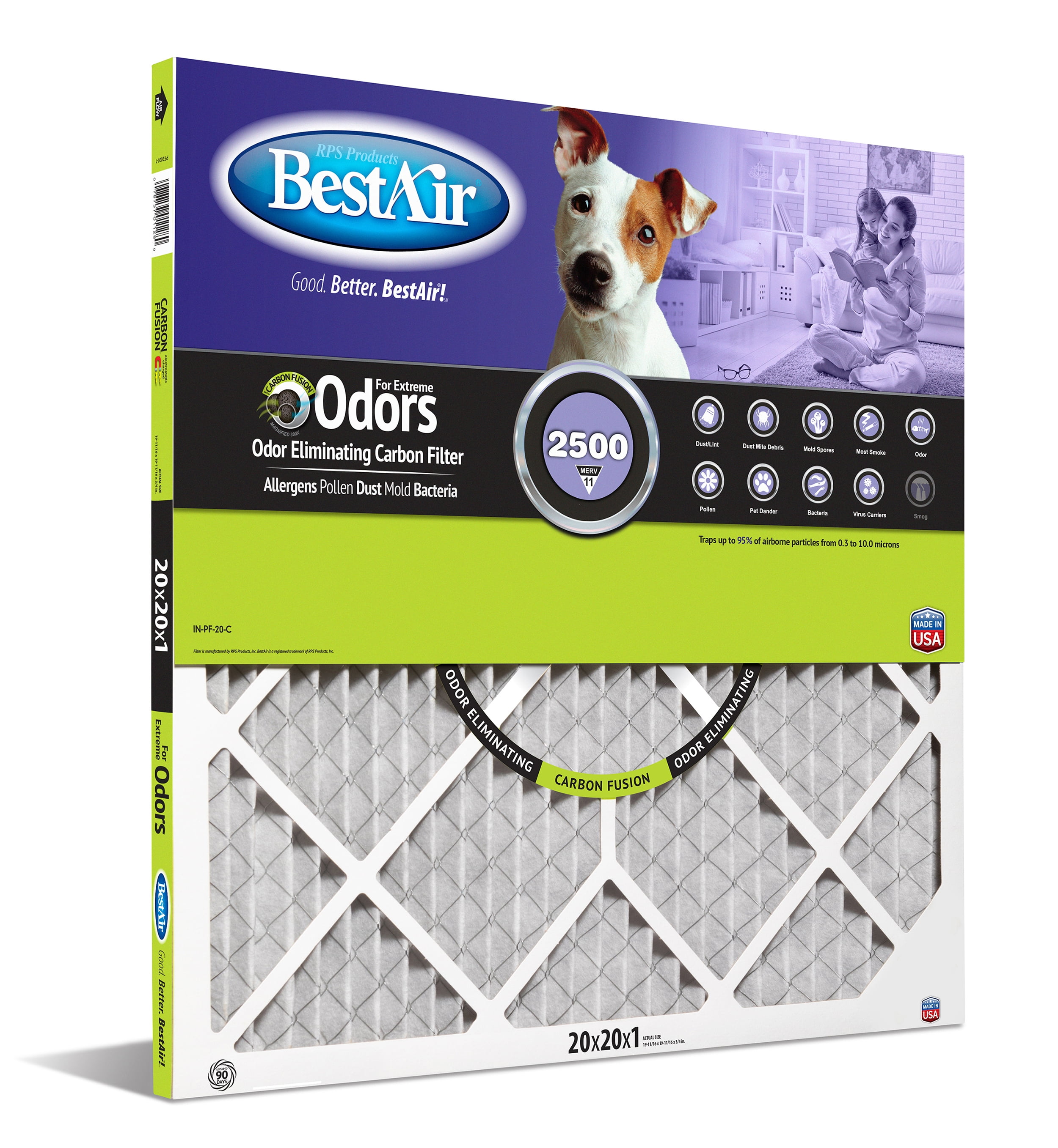 BestAir PF2020-1 Carbon Infused 20x20x1 Series 2500 Merv 11 1' Furnace Filter