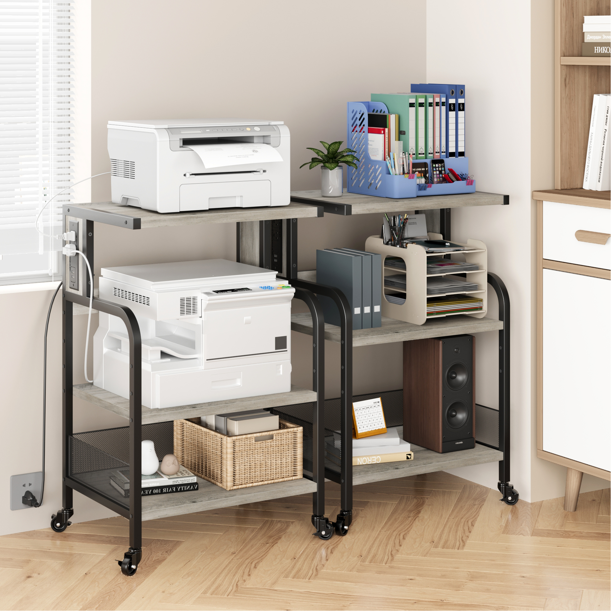 2-Tier Printer Stand With Storage Drawer & Wheels - Under Desk Rolling Cart For Home Office