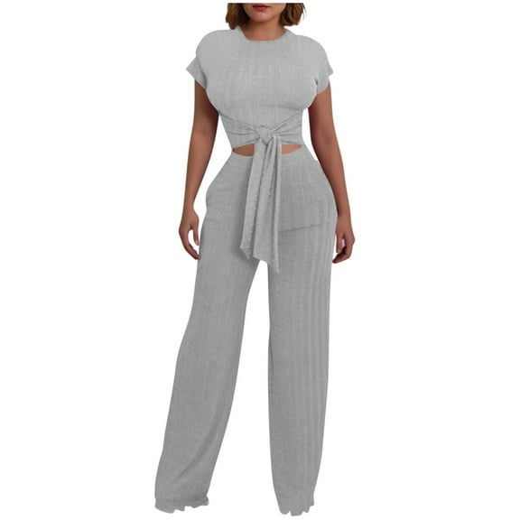 WMTBSRSW Women 2 Piece Outfits Fashion Two Piece Set Tie Front Short Sleeve Crop Tops and Straight Leg Pants Sets Ribbed Knit Lounge Outfits