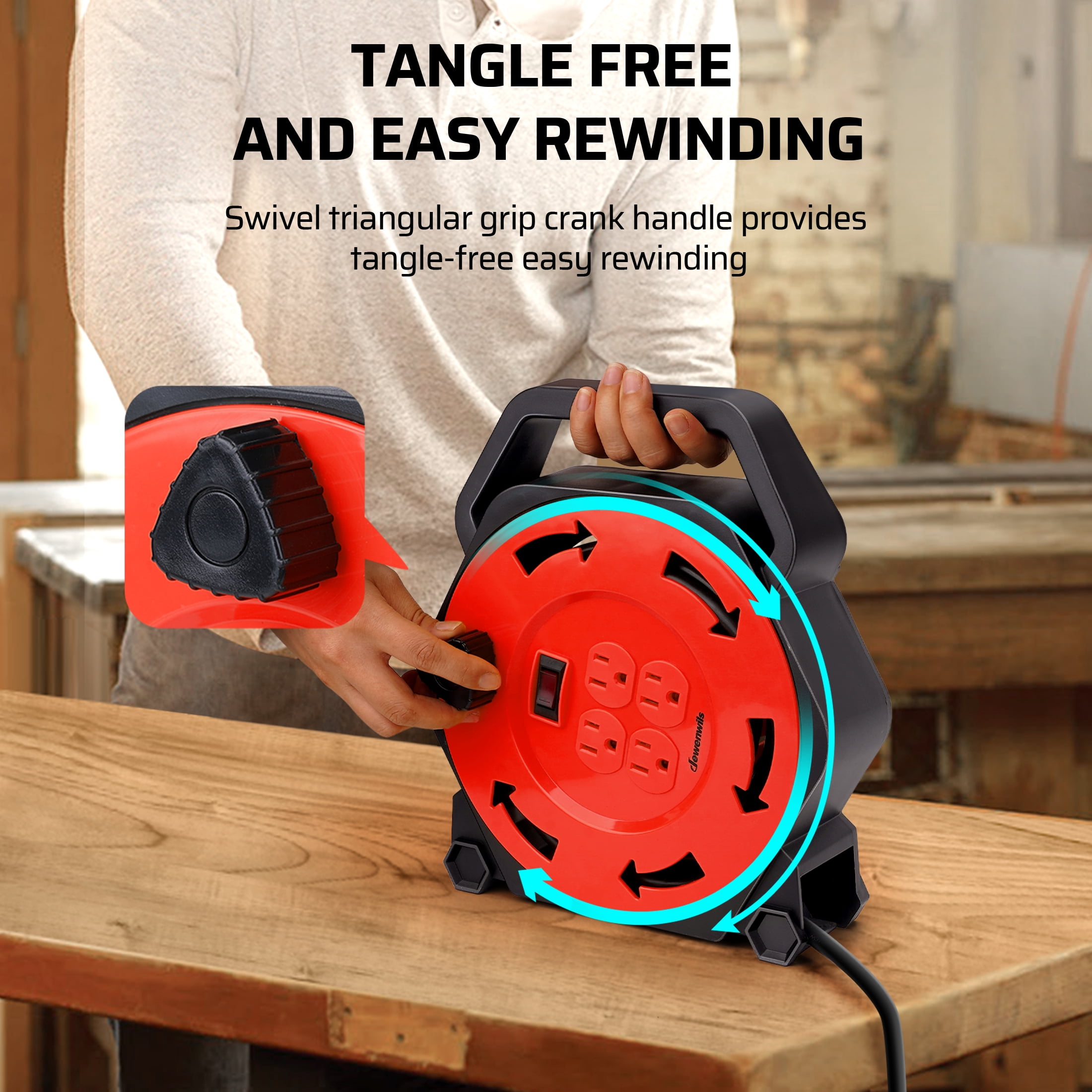 DEWENWILS Extension Cord Reel with 25 FT Power Cord, for Christmas and New Year Hand Wind Retractable, 16/3 AWG SJTW, 4 Grounded Outlets, 13 Amp Circuit Breaker,Black and Red, UL Listed
