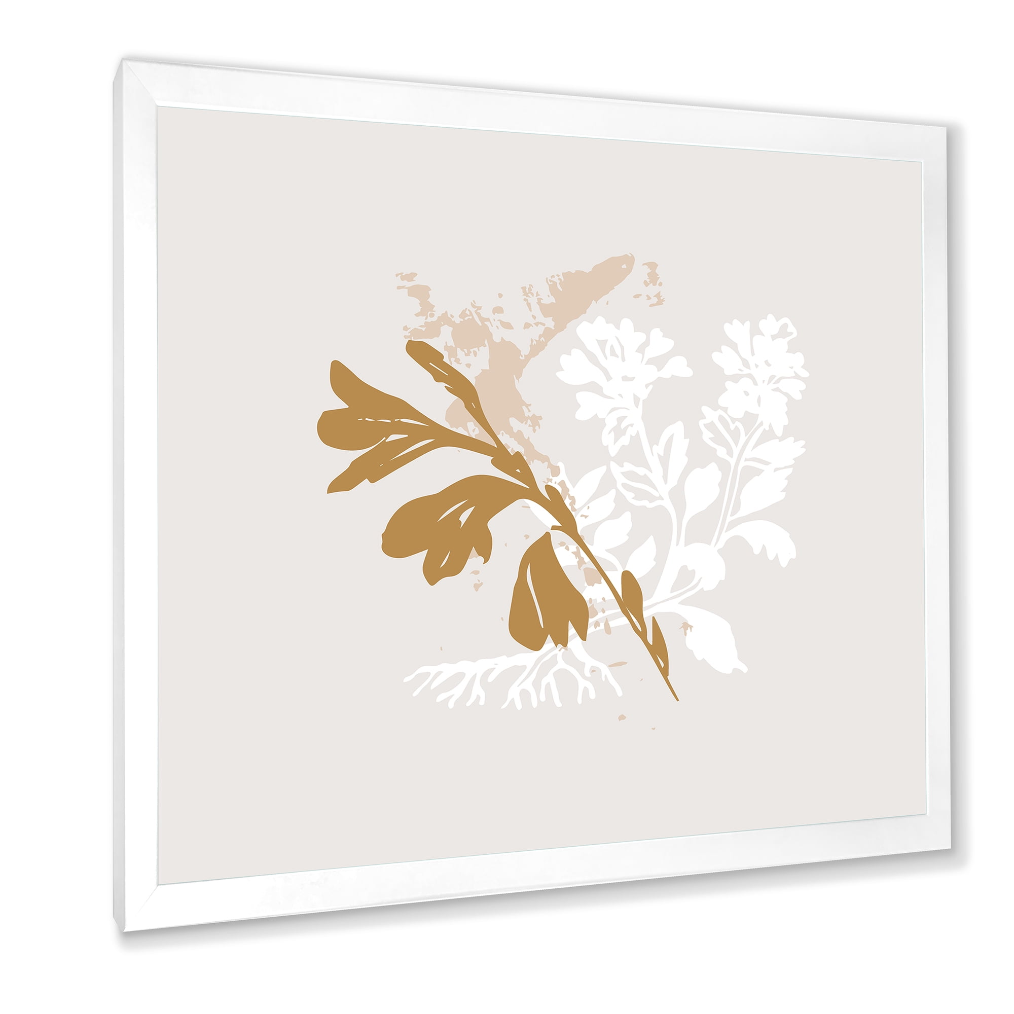 Designart 'Minimal Botanical Design In White and Brown' Traditional Framed Art Print