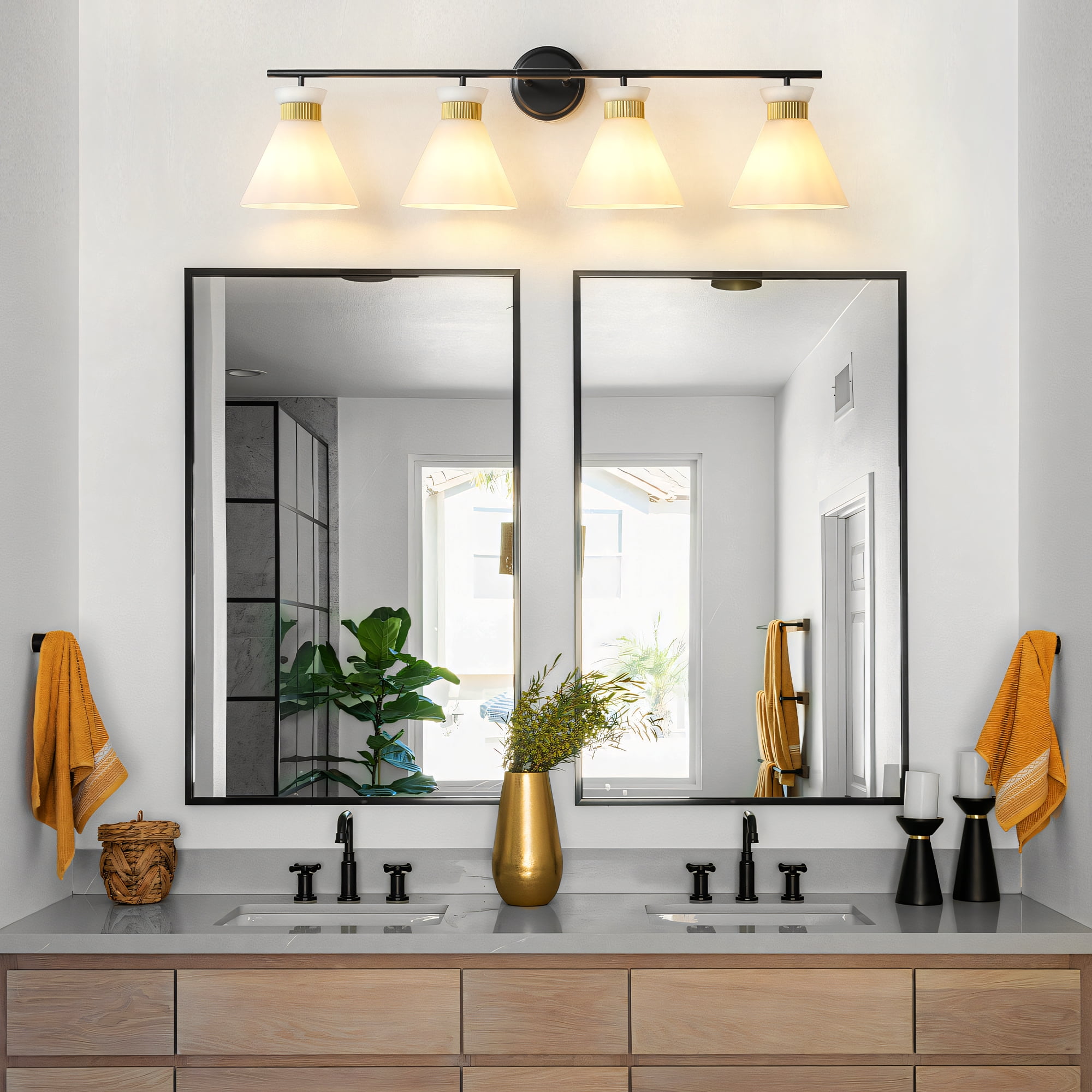 4-Lights Vanity Lights for Bathroom Black and Gold Wall Sconce Lighting with Frosted Milky Glass for Over Mirror Bedroom Hallway