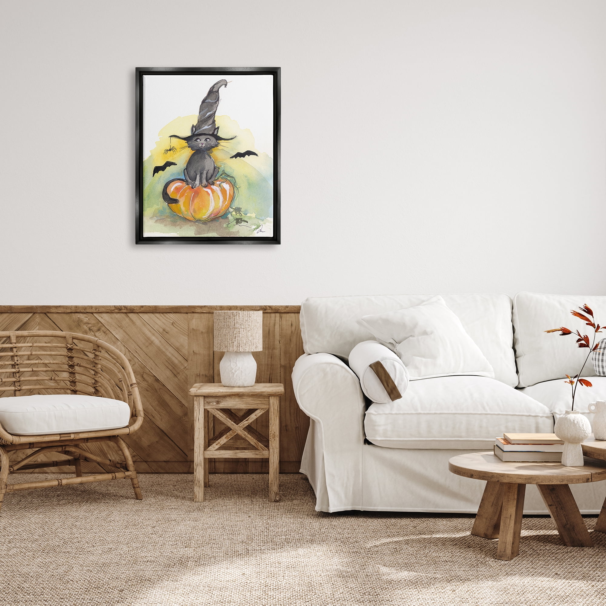 Stupell Industries Witch Cat on Pumpkin Holiday Painting Black Floater Framed Art Print Wall Art, 25 x 31