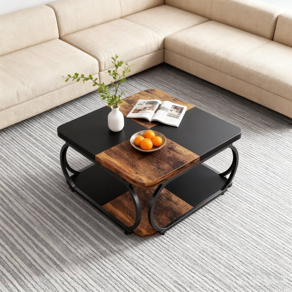 KIOOTTO 39" Aged Bourbon Executive Square Coffee Table – 100cm Grand-Scale 2-Tier Gallery Hub with Reinforced Arched Obsidian Chassis and Industrial-Strength Surface