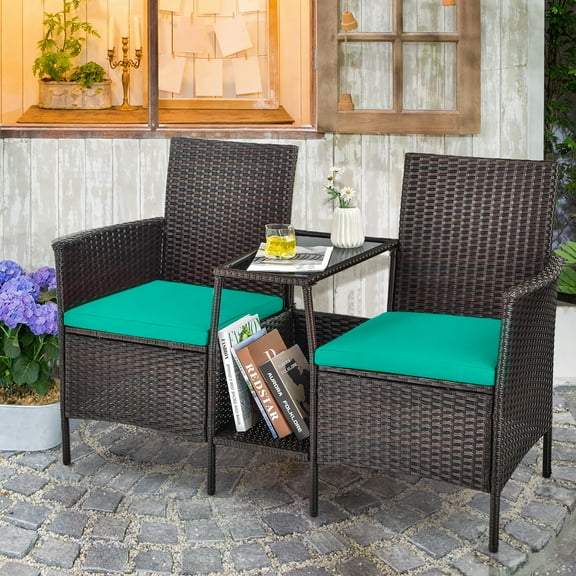 Costway Patio Rattan Wicker Conversation Set Sofa Cushioned Loveseat Glass Table Turquoise