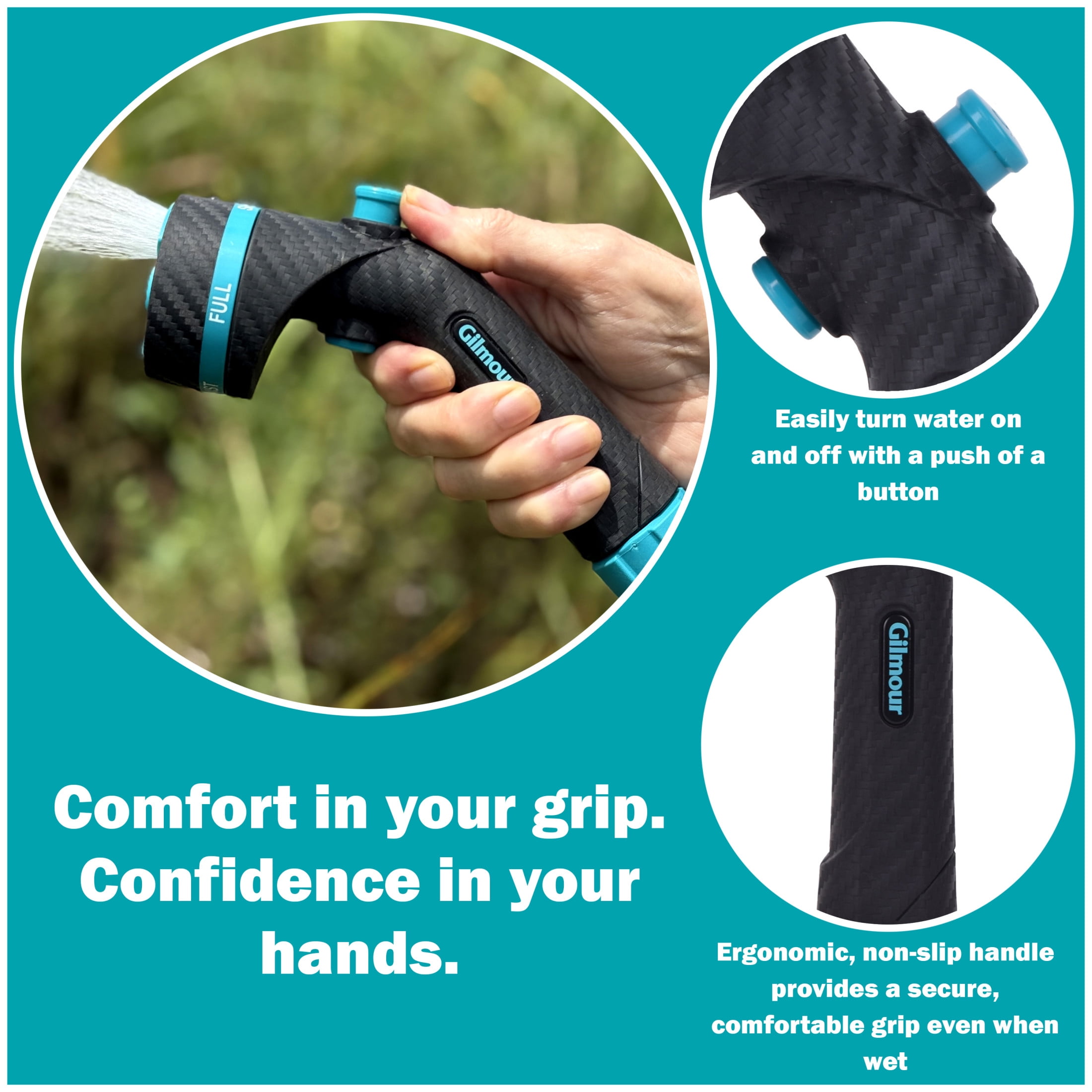 Gilmour Heavy Duty 5-Pattern Garden Hose Nozzle with Swivel Connect, Push Button Control, Ergonomic Non-Slip Grip