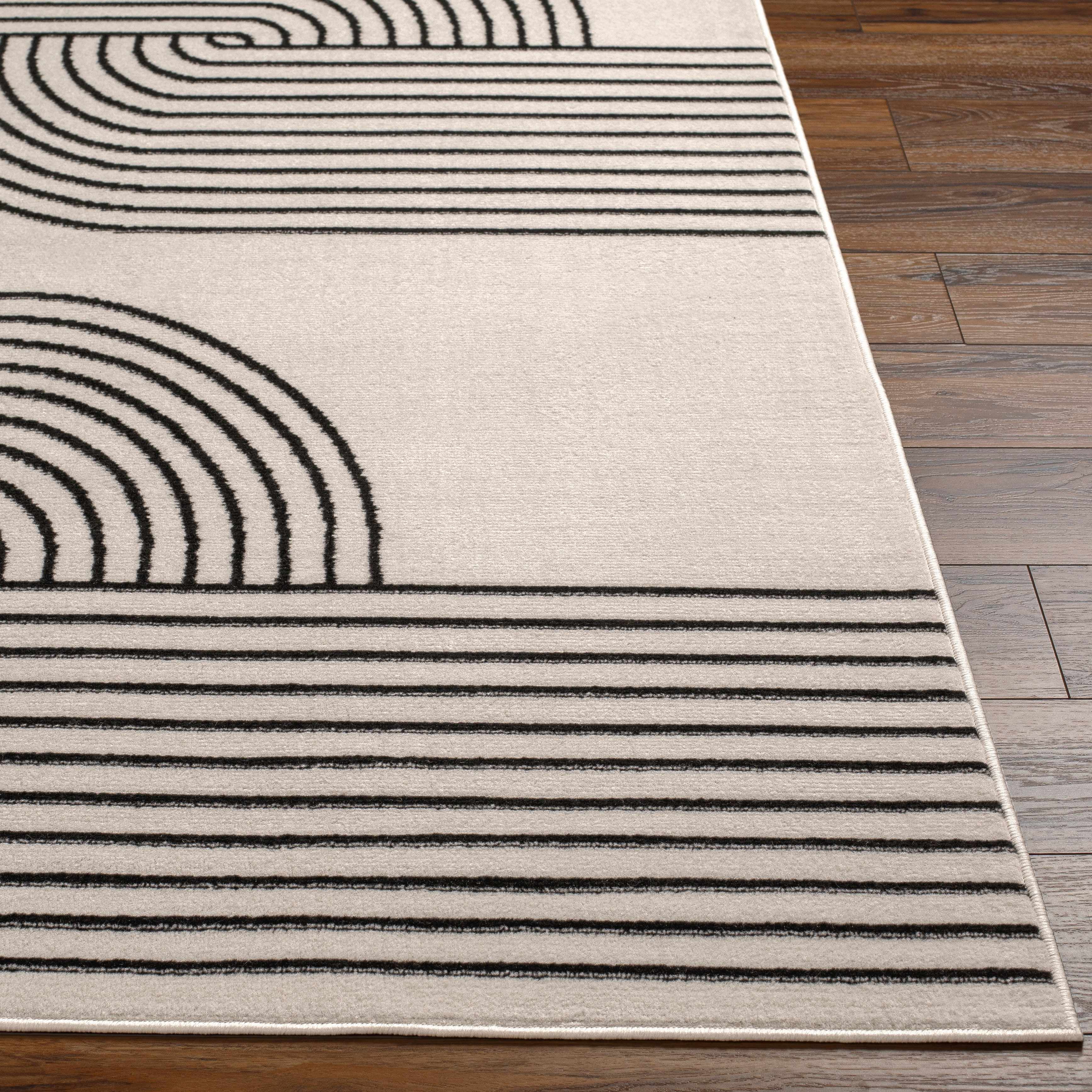 Hauteloom Buana Bohemian Living Room, Bedroom Runner Rug - Modern Moroccan Farmhouse - Geometric Striped - Beige, Cream, Black - 5' x 7' (5x7)