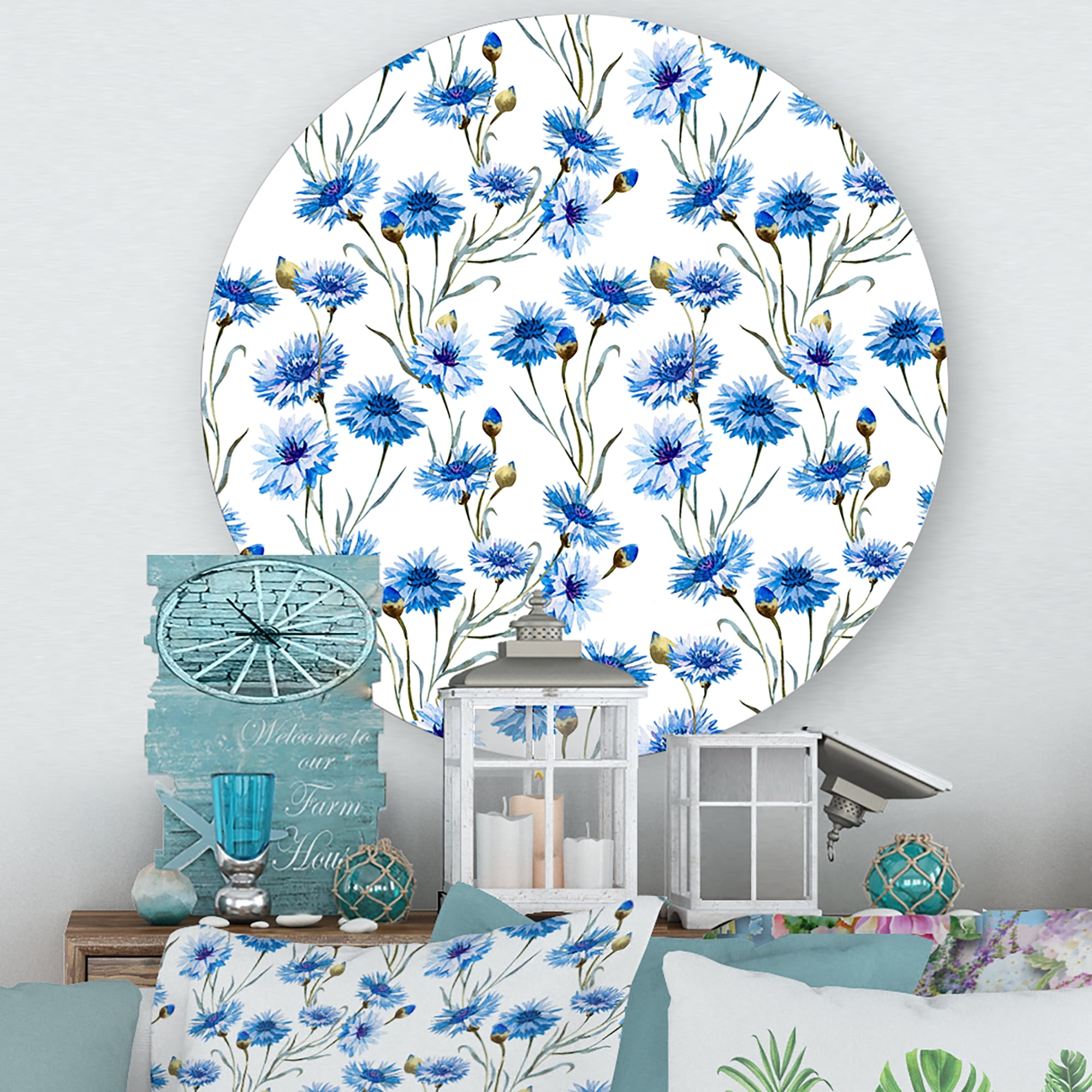 Designart 'Blue Cornflowers With Green Leaves On White II' Traditional Circle Metal Wall Art 11x11 - Disc of 11