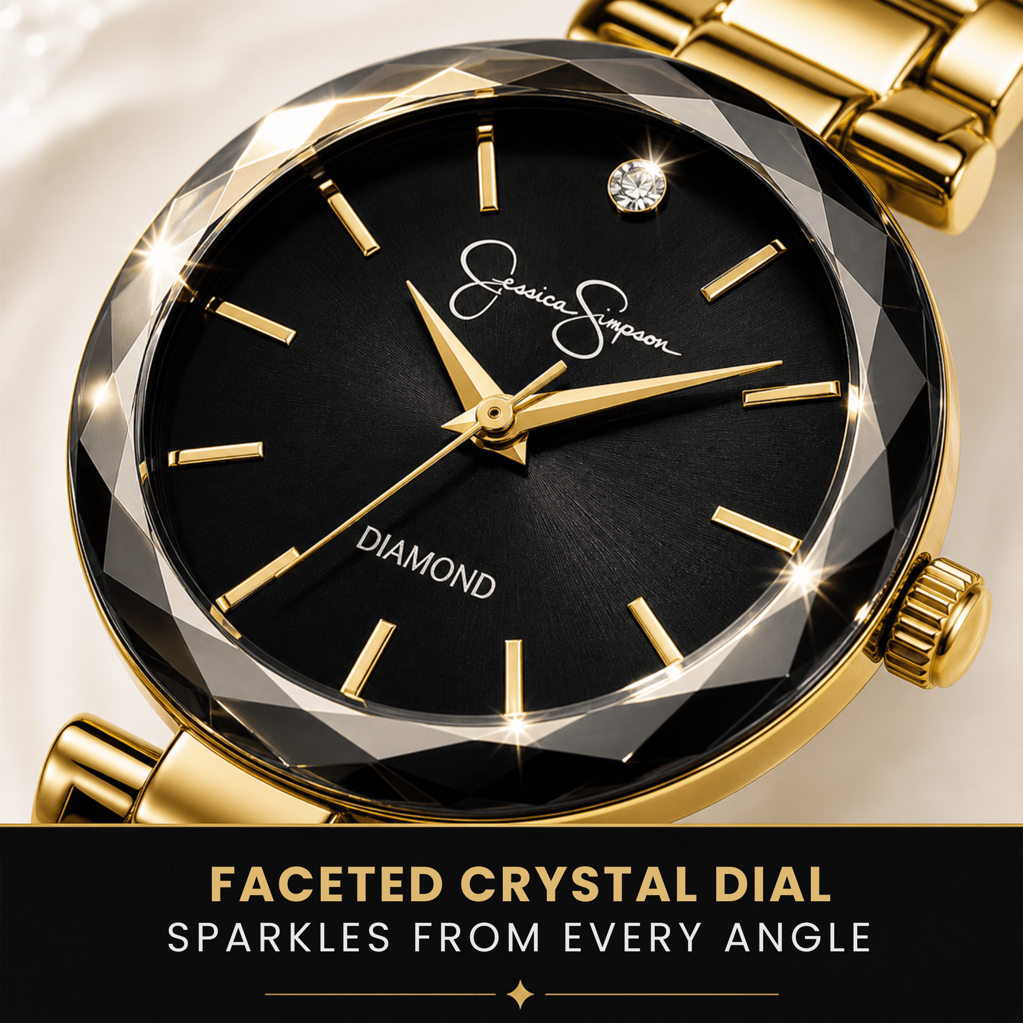 Jessica Simpson Diamond Collection Women Watch, Classic Quartz, Metal Band, Round Faceted Crystal Face, Elegant Dress Watch for Women