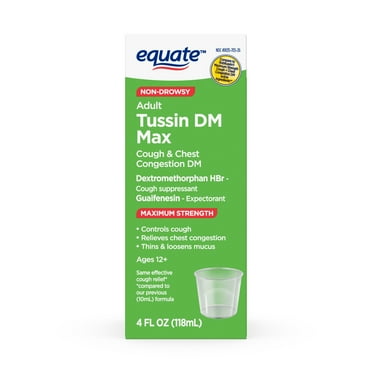 Equate Maximum Strength Non-Drowsy Tussin DM Max Cough & Chest Congestion Liquid, Raspberry Flavor, 4 fl oz, Compare to Robitussin® Maximum Strength Cough Chest Congestion DM Active Ingredients