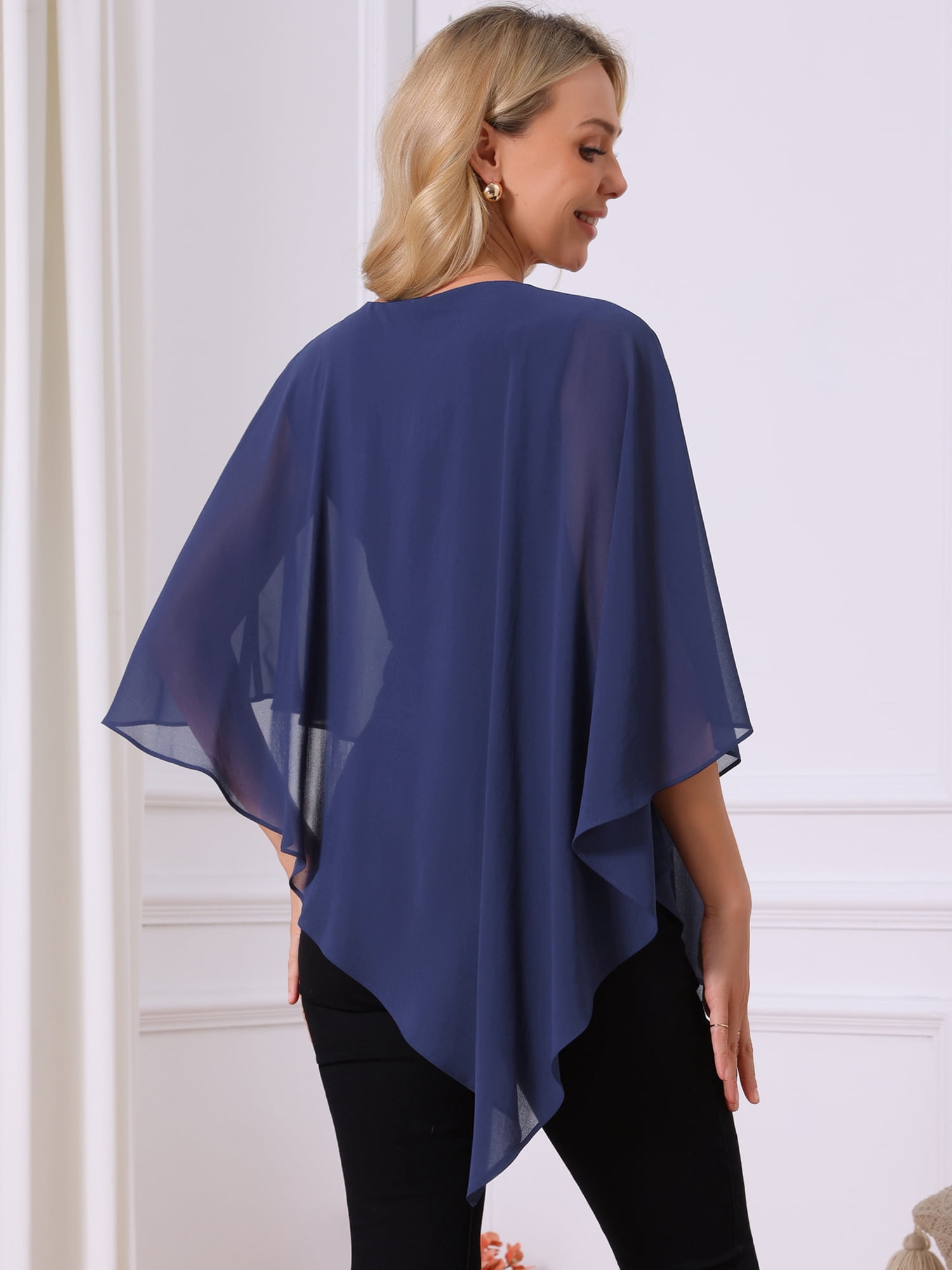 DARING DIVA Women's Flowy V Neck Chiffon Blouse Asymmetrical Top M Dark Blue