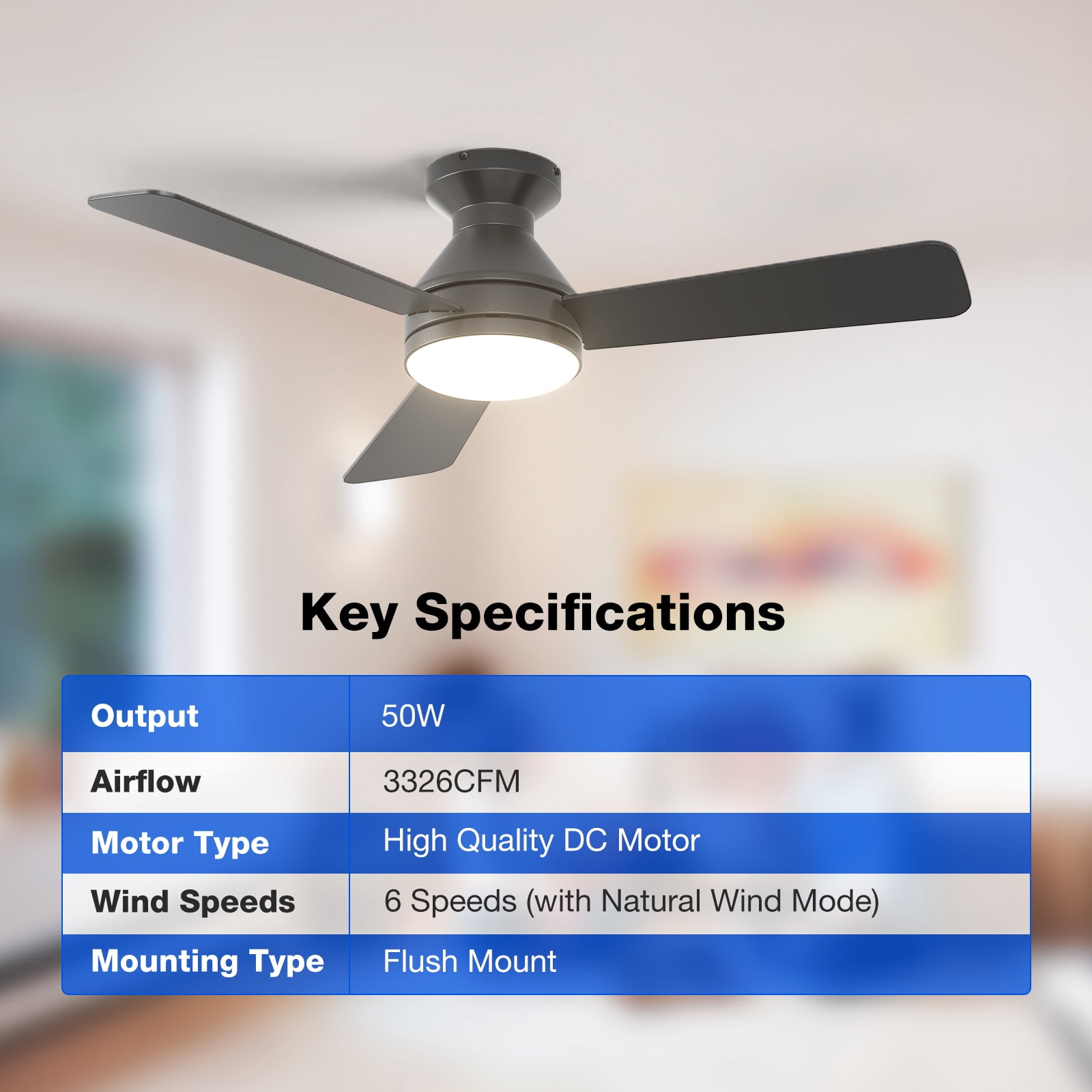 AIDEL 42 inch Ceiling Fan with Light, 3-Blade Flush Mount Ceiling Fan, Reversible DC Motor, 6-Speed, Dimmable 3CCT LED, Remote Control, Black