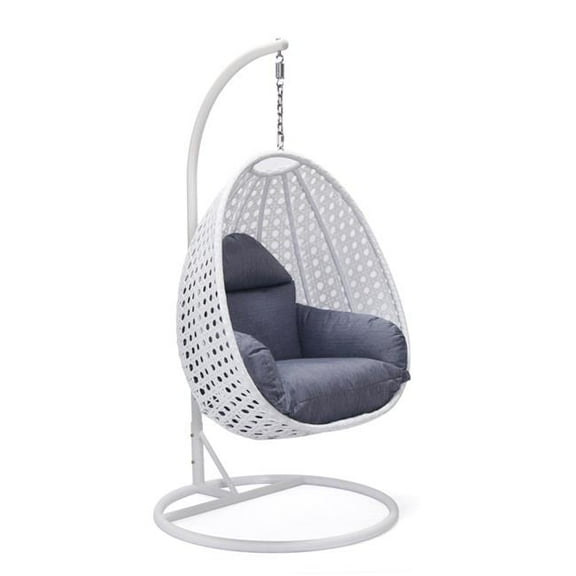 White Wicker Hanging Egg Swing Chair, Charcoal Blue