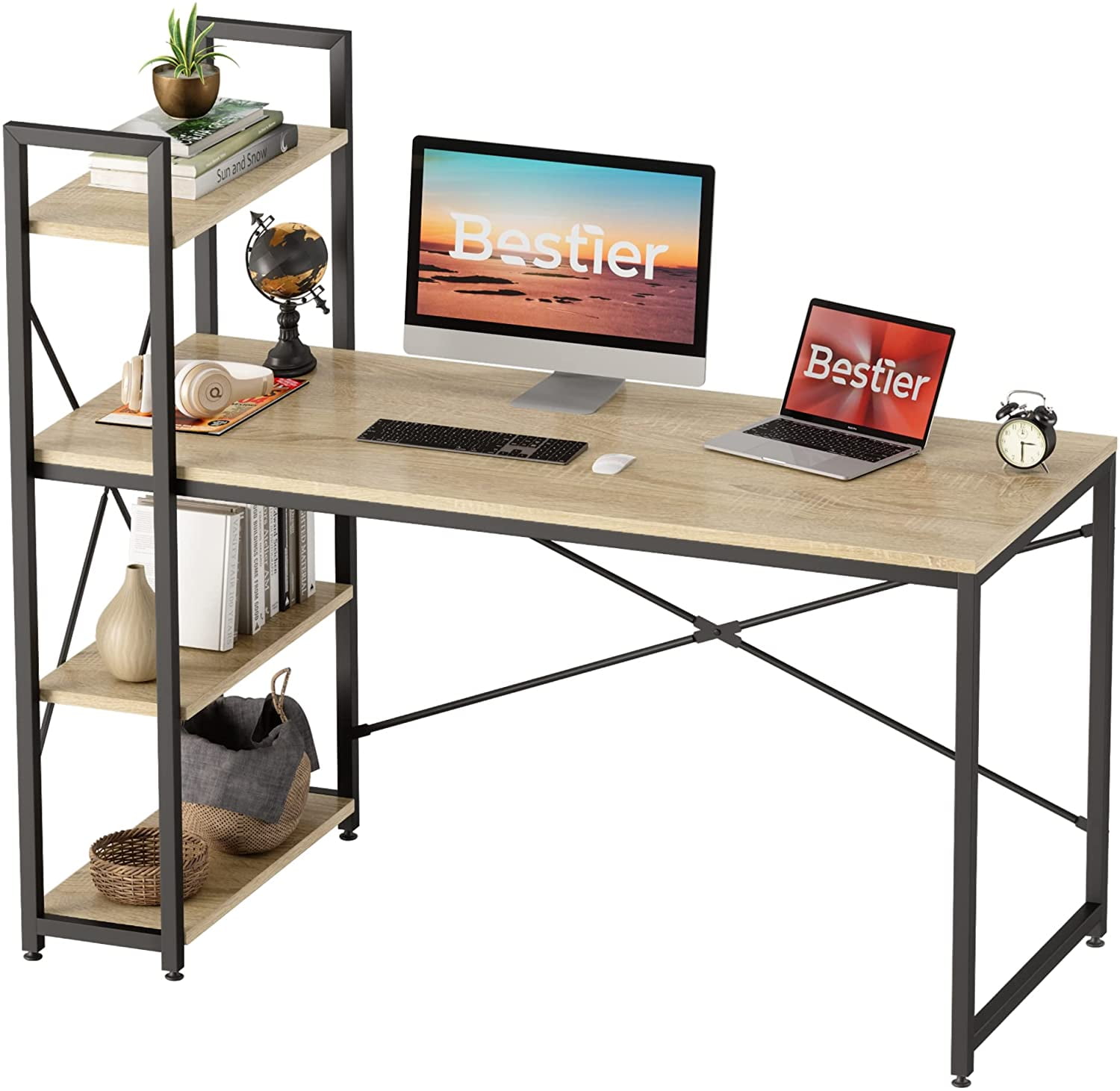 Rustic Brown Bestier Industrial Desk with Storage Drawers 55 inch Writing Study Computer Table Workstation with Keyboard Tray for Home Office