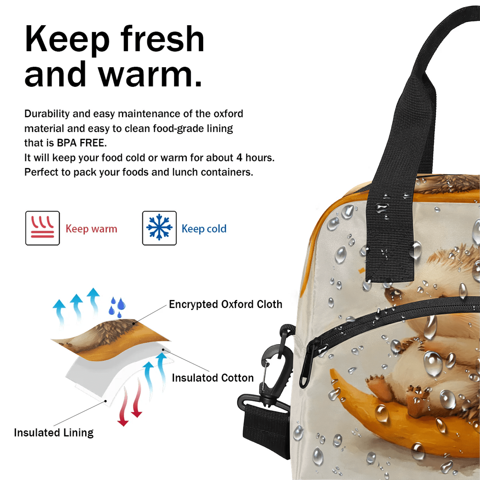 Herdesigns Hedgehog Lunch Bag for Women Men Adult, Cute Large Insulated Reusable Lunch Box Leakproof Portable Cooler Tote Bags for Work Picnic Beach