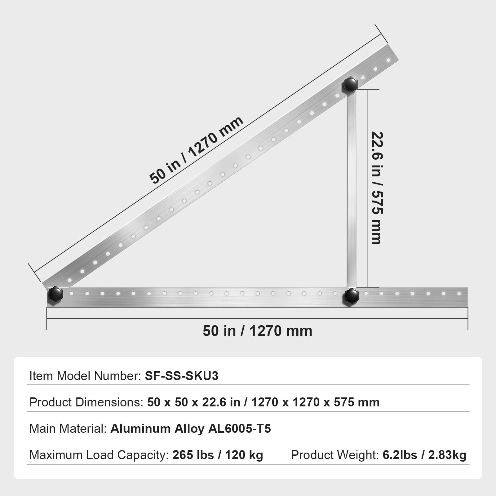 KFFKFF 50-Inch Solar Panel Support Brackets, 0 to 90° Modifiable Incline Mount Brackets Sustain 100-550W Solar Panels, Featherweight Aluminum Brackets with Foldable Incline Legs for RV, Roof, Boat