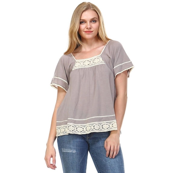 Coolwear Women's Square Neck Short Sleeve Crochet Top - Chestnut - Small