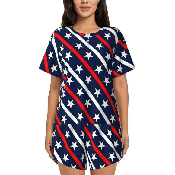 Fotbe Patriotic Star Conjunto de Pijama Estampado para Mujer, 2 Piezas, Ropa de Dormir con Camiseta de Manga Corta y Shorts Suaves-Small
