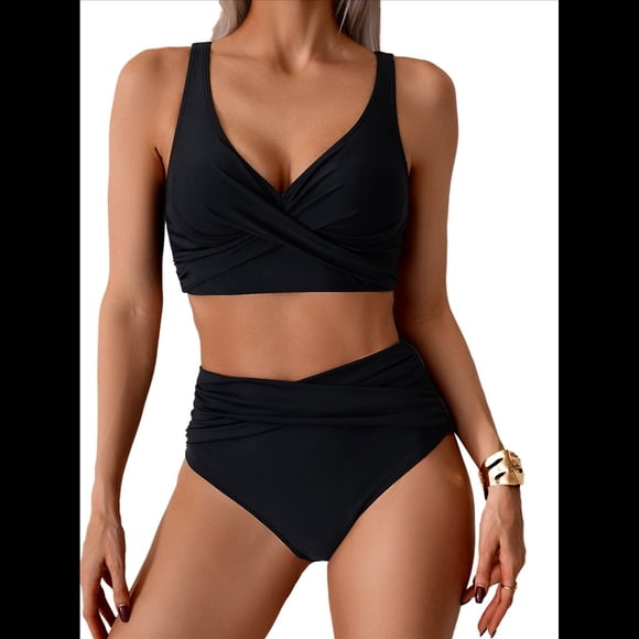 Conjunto de Bikini para Mujer, Traje de Baño de Dos Piezas, Cintura Alta, Escote en V, Tirantes Finos Ajustables, Color Negro, Talla L