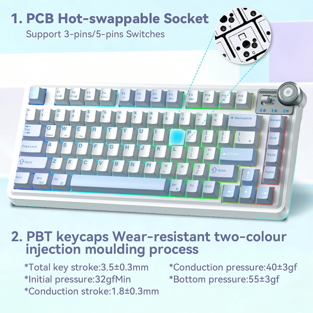 Aula AU75 Wireless Mechanical Keyboard, Hot Swap Gasket Gaming Keyboard with Knob, 4000mAh, 75% Five-Layer Padding PBT Keycaps, Blue