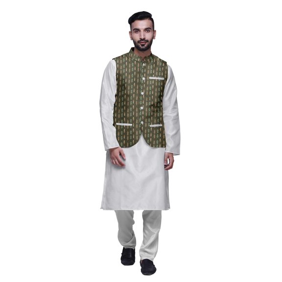 Atasi Kurta Solid Churidar Pajama & Printed Nehru Jacket Set For Mens Party Wear