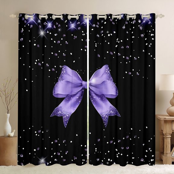 Manfei Princess Dreamy Bow Blackout Curtains Set of 2 (52x84 Each) for Kid, Bling Stars Print Window Curtains, Kawaii Purple Bow Curtains and Drapes, Curtains and Drapes Home Decor