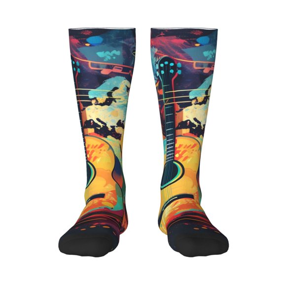 Gaeub World Map Guitar Illustration Print Design Socks Stretchy High Tube Socks for Men Women Teens , Softball Soccer Socks for Hiking, Sport