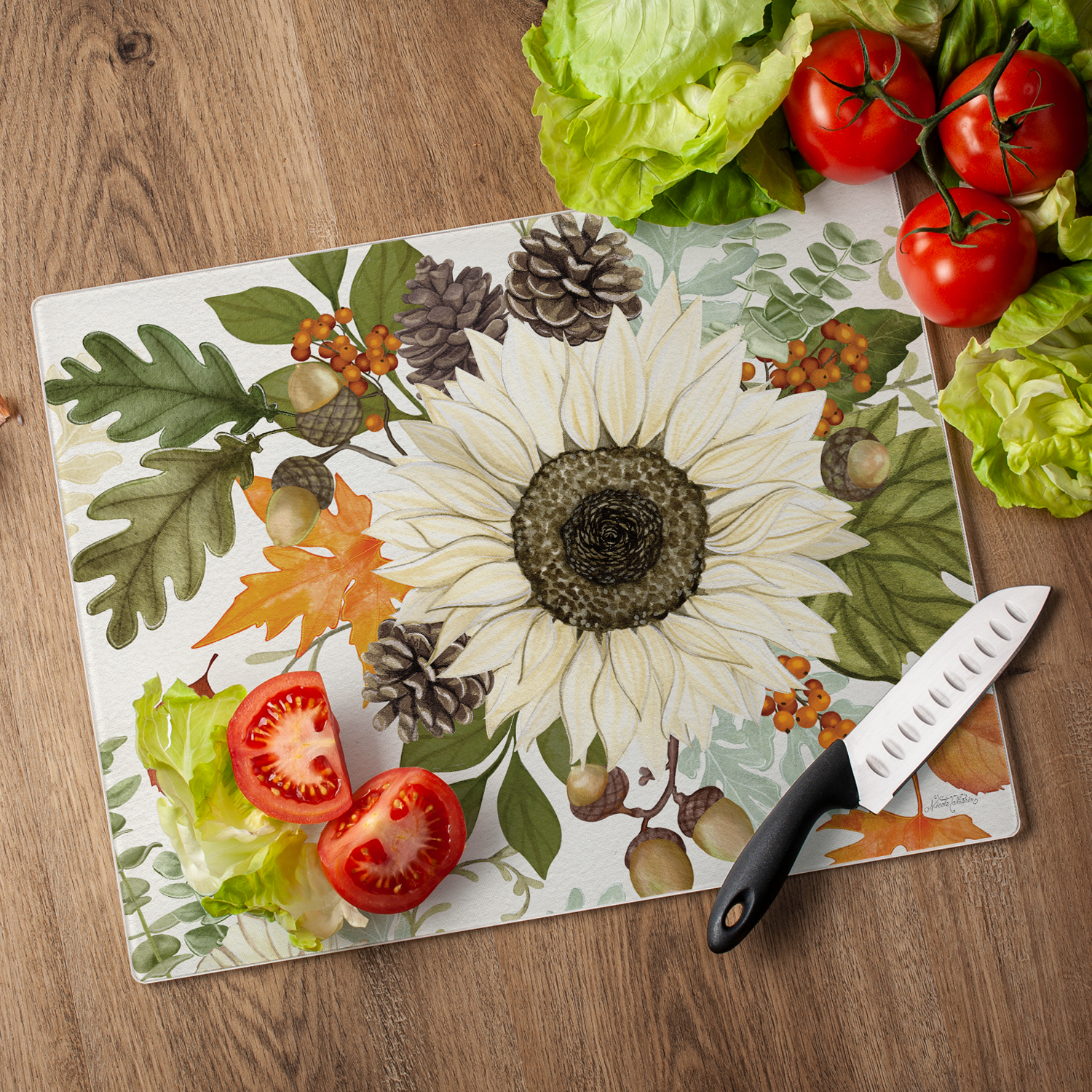 CounterArt Fall Leaves & Acorns 3mm Tempered Glass Cutting Board 15" by 12"