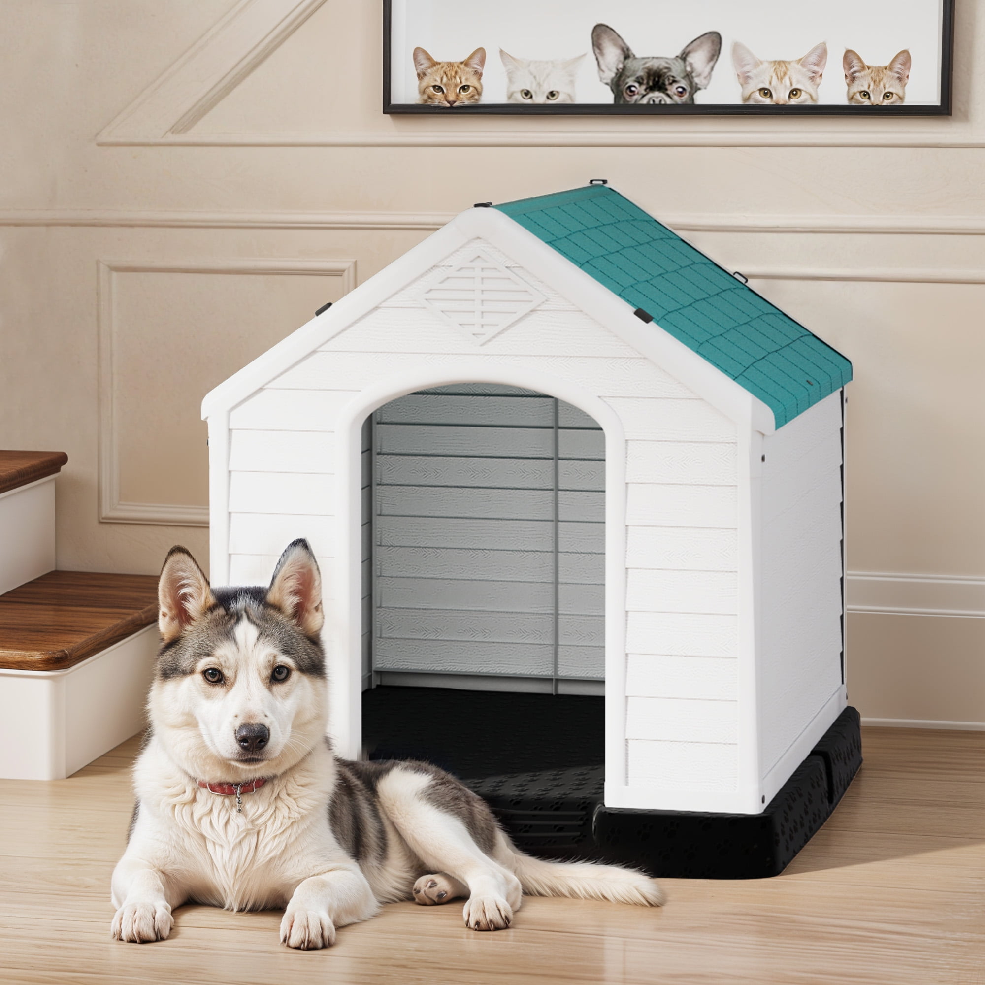 Uforic Waterproof Plastic Dog House with Air Vents and Elevated Floor, Outdoor Indoor Doghouse Puppy Shelter,Blue,28.5''Lx 26''Wx 28''H