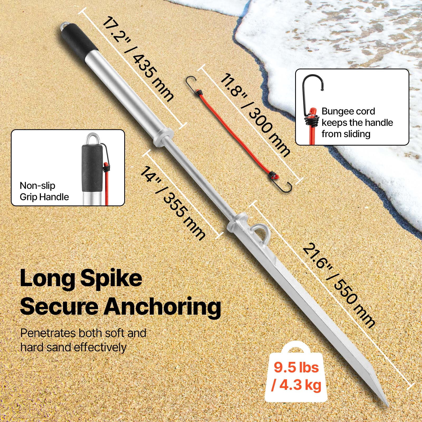 VEVOR Sand Spike Boat Anchor, 36 in Slide Anchor Shore Spike, Galvanized Carbon Steel Boat Shore Anchors, Shallow Water Beach Anchors, for Securing Jet Ski PWC Pontoon Kayak on Beaches & Sandbars