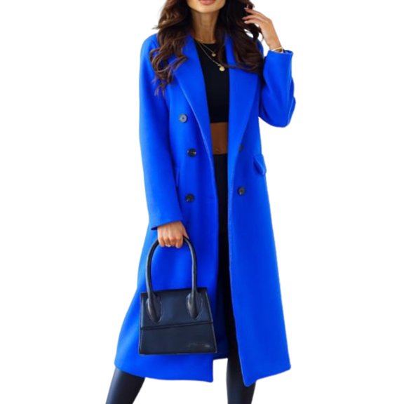 Women's Long Double-Breasted Woolen Coat - Fashion Solid Color Oversized Outerwear, Elegant Warm Winter Coat for Women, Dark Blue Size XL