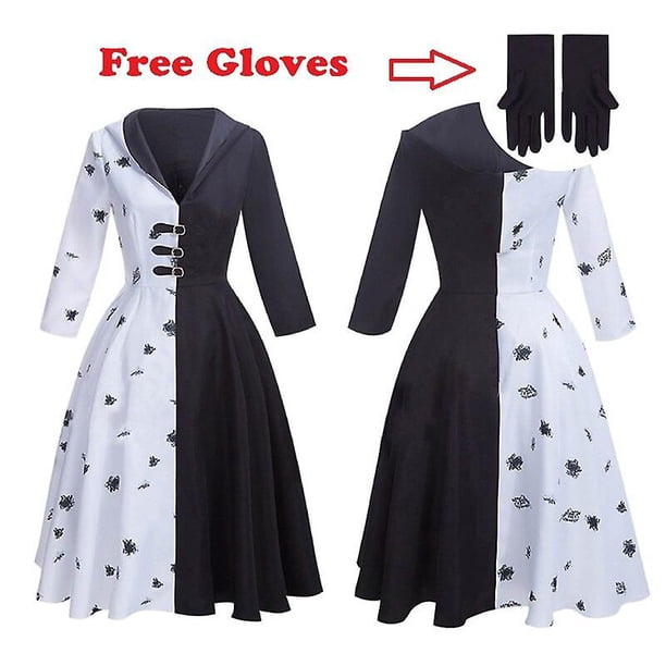 Disfraz de cosplay de Cruella de vil, 2 estilos, vestido de mujer, vestido de sirvienta blanco y negro con guantes, sudadera con capucha, falda, pelucas, trajes, fiesta de halloween