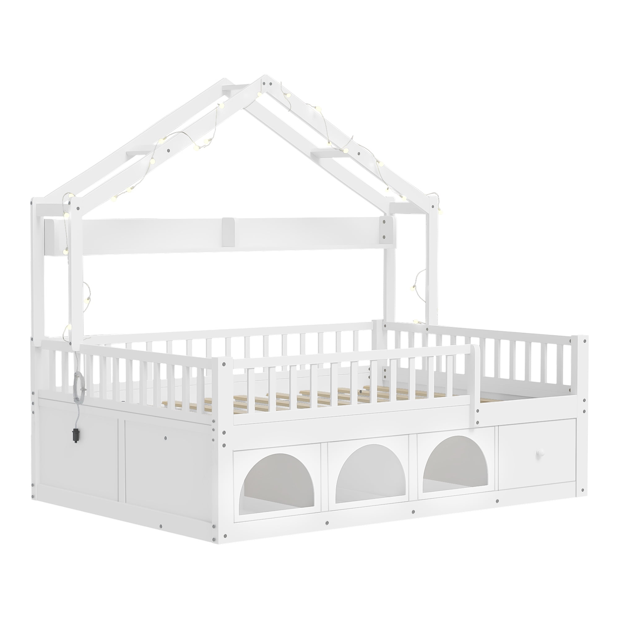 Mintazer Full Montessori Floor Bed with LED Lights & Bookshelf, Kids House Floor Bed with 3 Arched Cubbies & Drawer and Guardrail for Boys Girls Bedroom Playroom, White