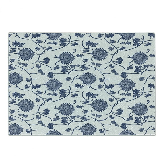 Blue Cutting Board, Chinese Floral Garden Pattern Nature Inspirations with Traditional Ornament Design, Decorative Tempered Glass Cutting and Serving Board, Small Size, Blue White, by Ambesonne