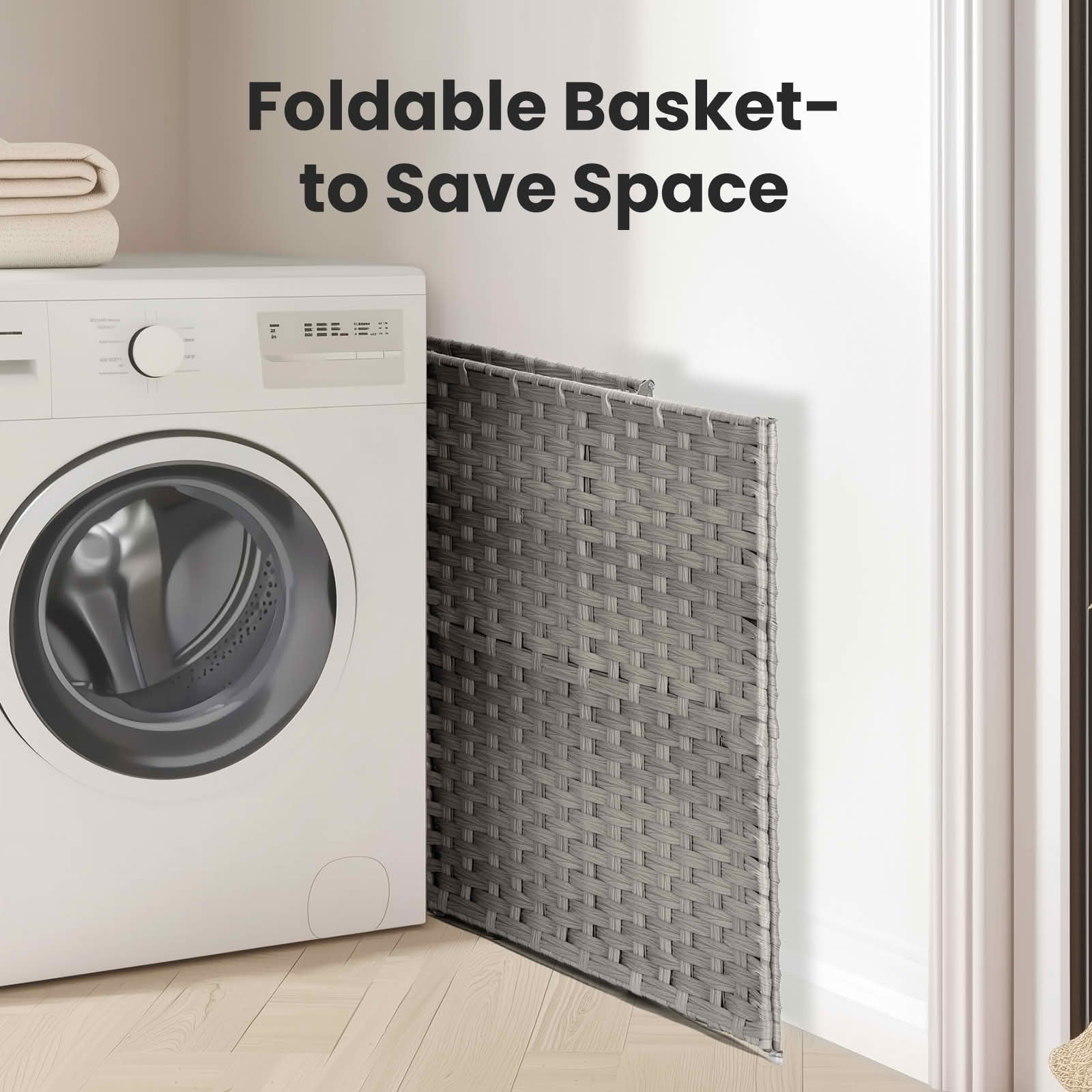 MAYEERTY 110L Hand-Woven PP Rattan Laundry Basket with Lid, Foldable with Compartments Handles