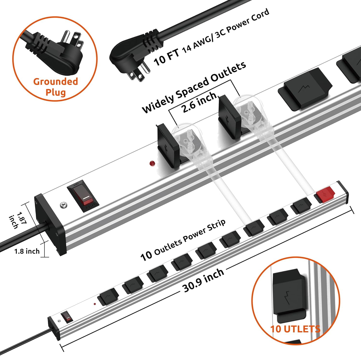 Link2Home 9 Outlets 2 USB Heavy Duty Metal Socket Power Strip,10-Foot Long Extension Cord with Circuit Breaker. Mounting Brackets Included, Workshop/Industrial use