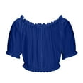 thumbnail image 5 of Pincandy Women's Renaissance Shirt Off Shoulder Puff Sleeve Loose Smocked Blouse Off Shoulder Ruffle Trim Ruched Short Sleeve Blouse Crop Top,Blue,2XL, 5 of 6