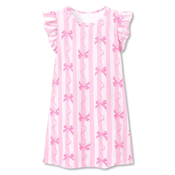 Beezizac Teen/Little Girls Nightgown - Summer Ruffle Short Sleeves Sleepwear Cute Bow Striped Print Nightdress Pajama Size 10
