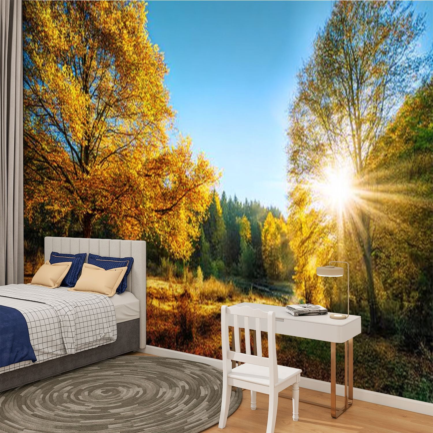 Peel and Stick Wallpaper Sunny autumn scenery an idyllic park Modern Art Wall Mural Decor Self Adhesive and Removable 100in x 144in